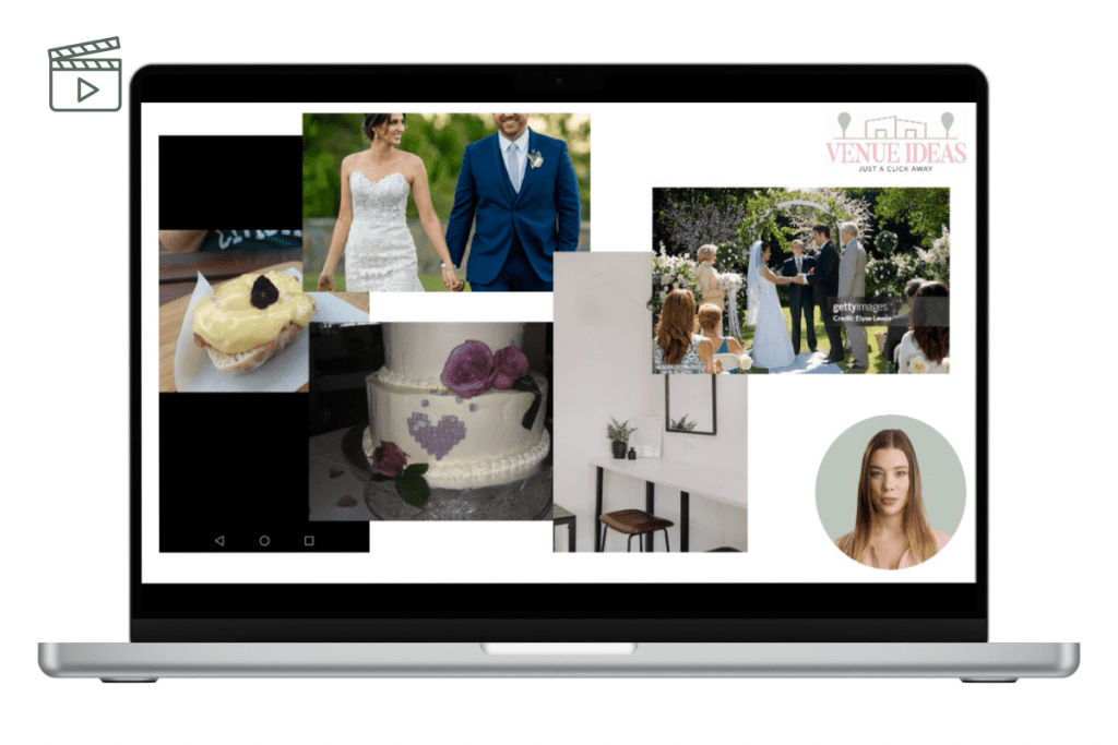 A laptop screen showing wedding photos, featuring couples and joyful moments from the celebration.