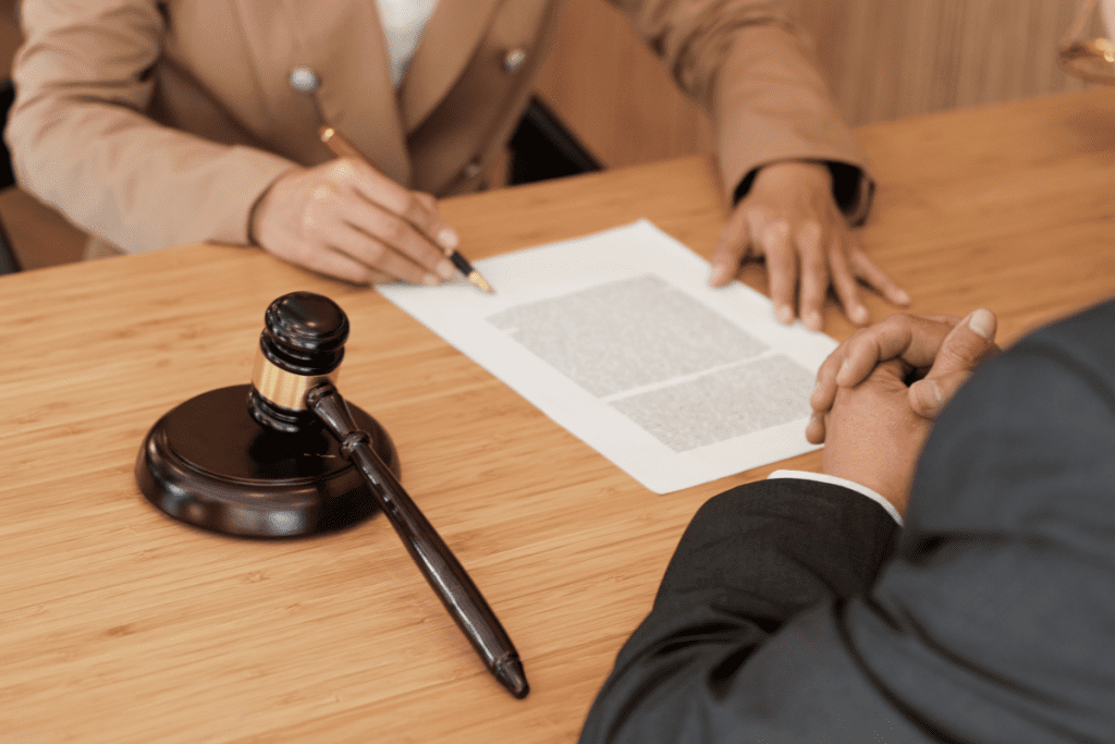 Lawyer and client signing legal documents together in a courtroom setting.