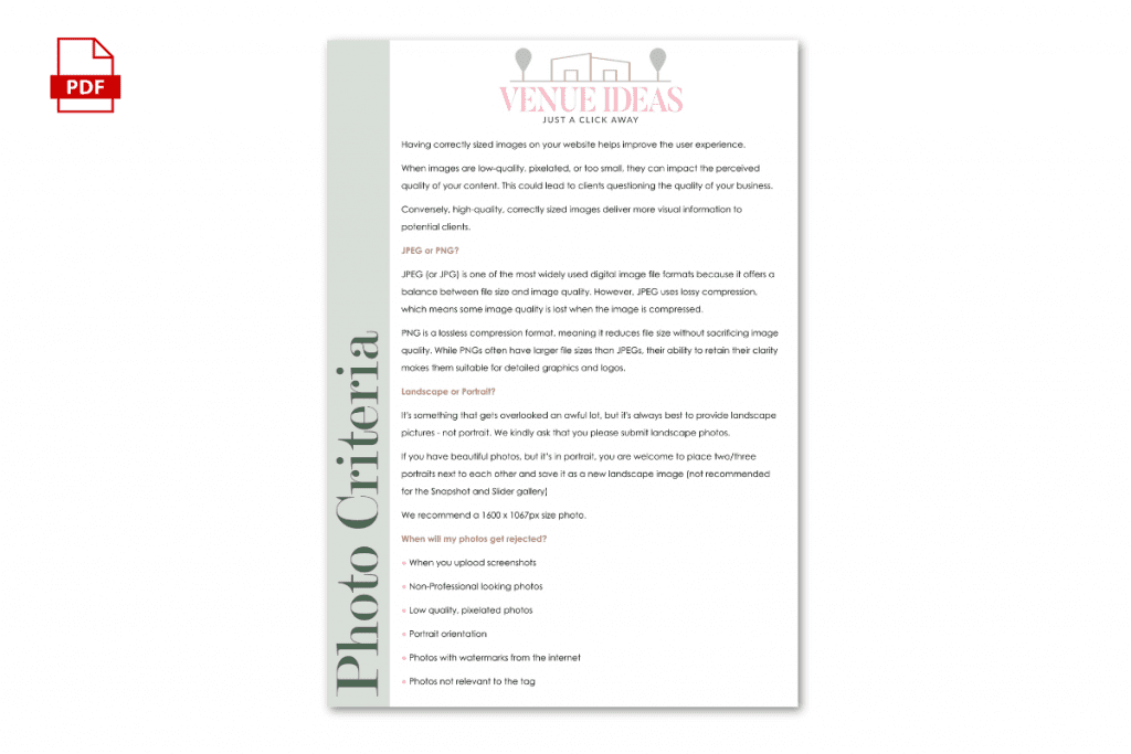 A document listing photo criteria for website images.